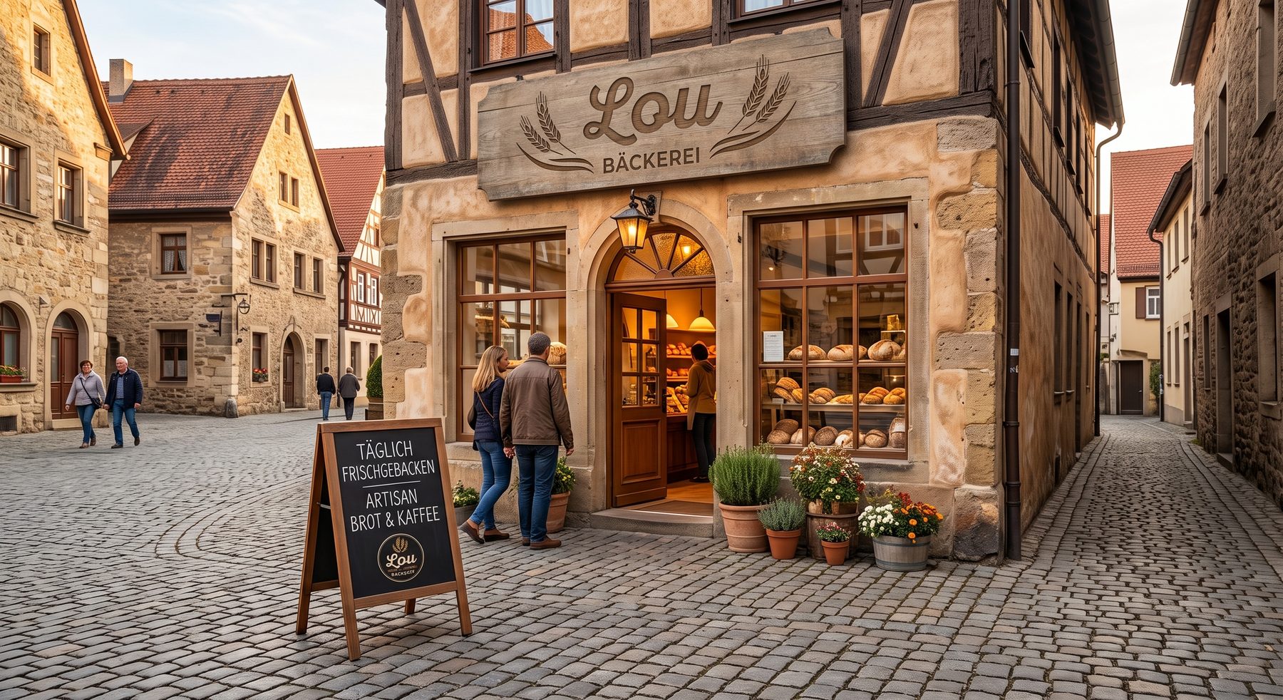 Bäckerei Lou – Ladenfront mit Schild und Kundenstopper