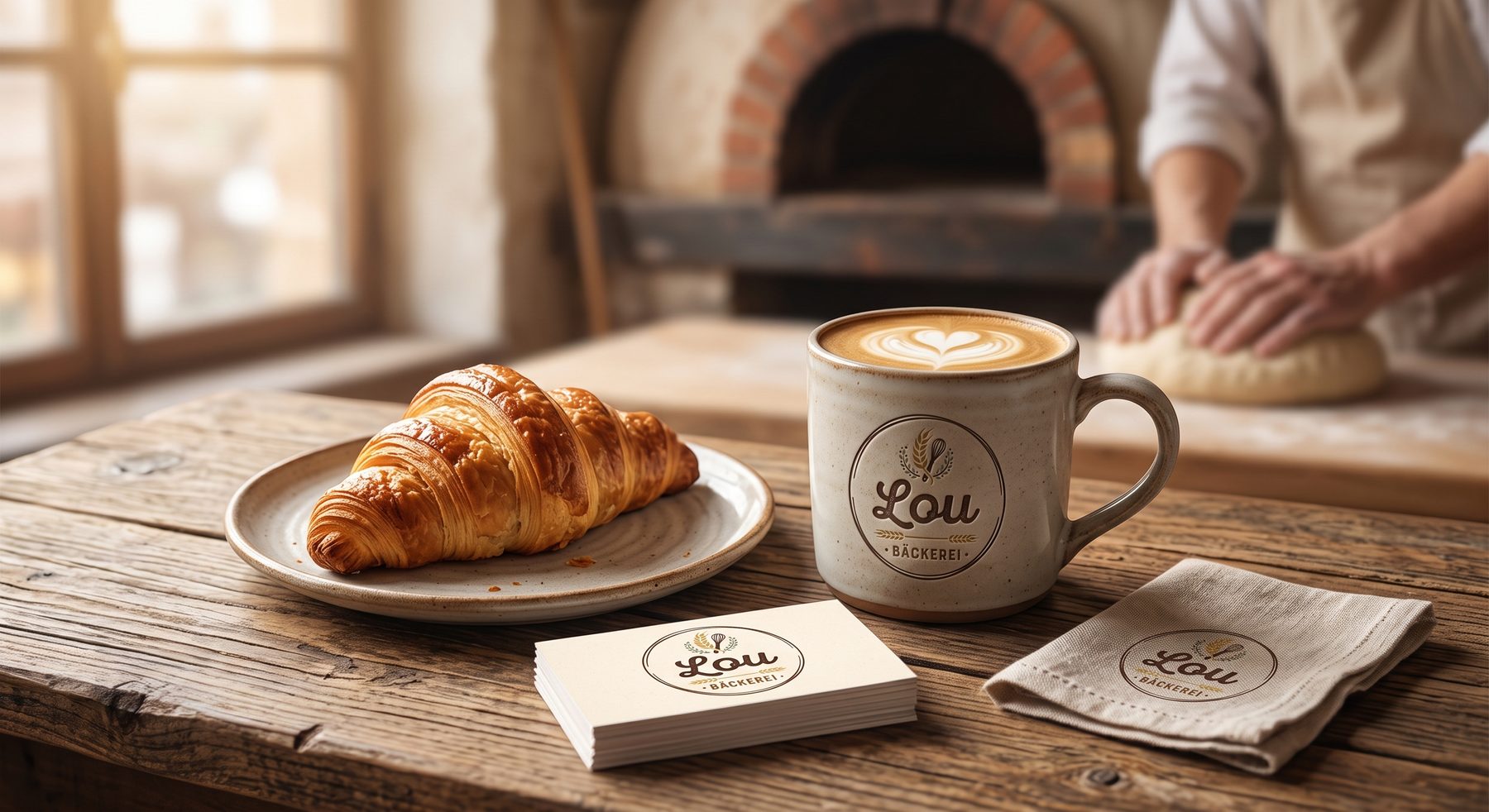 Bäckerei Lou – Tasse, Serviette und Visitenkarte im Café