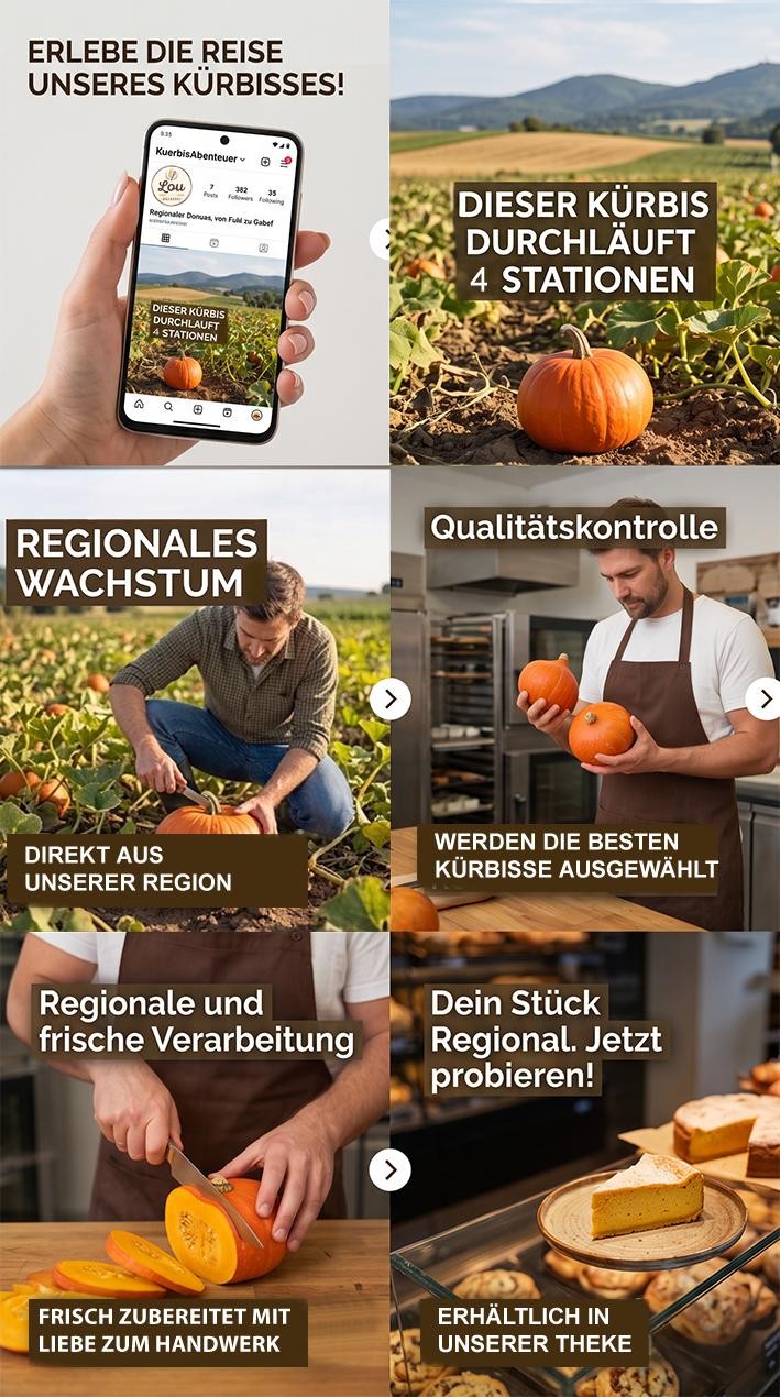 Bäckerei Lou – Instagram-Karussell „Erlebe die Reise unseres Kürbisses“